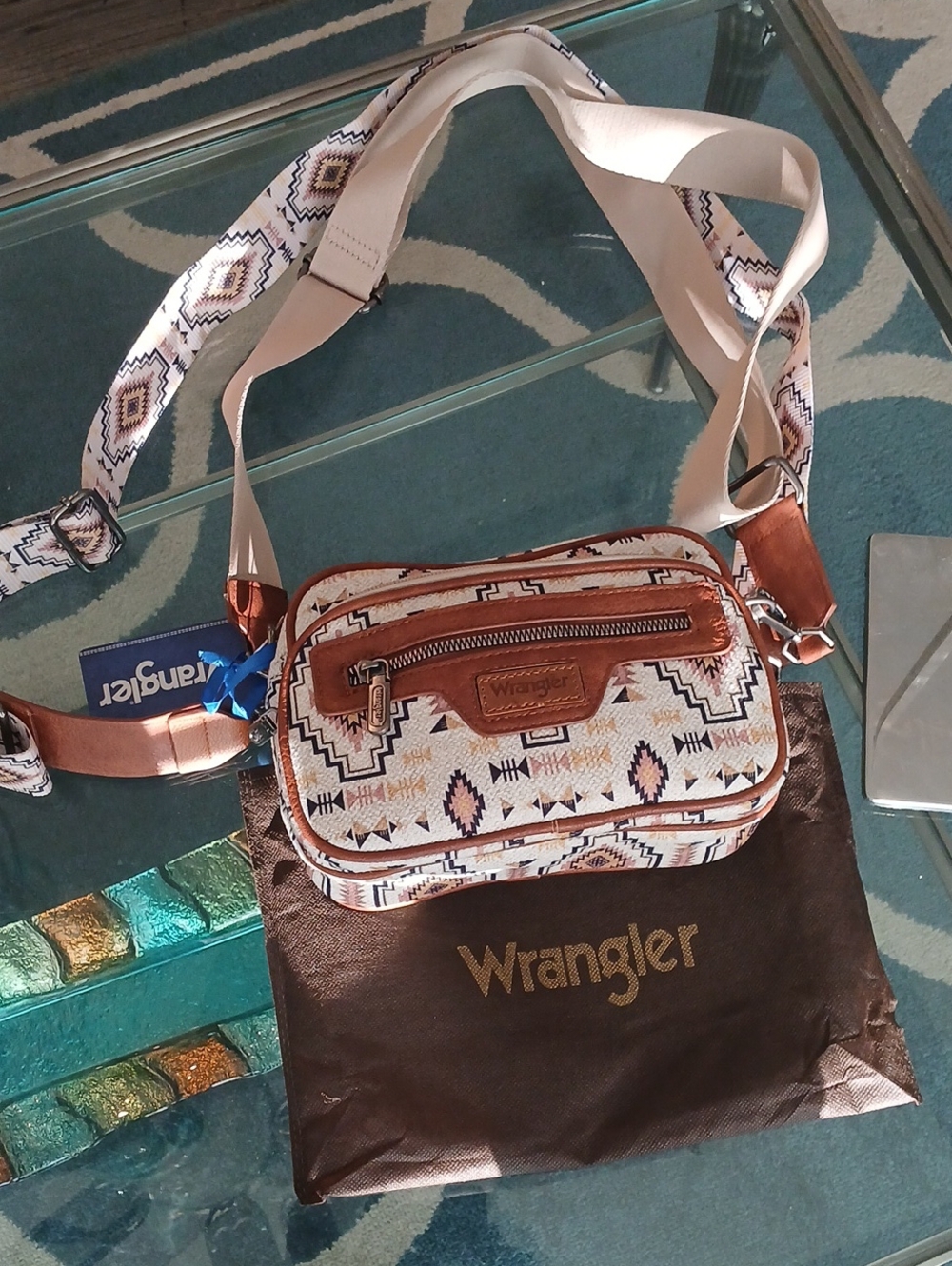 Wrangler Aztec-Pattern Crossbody Bag in White, Tan and Navy